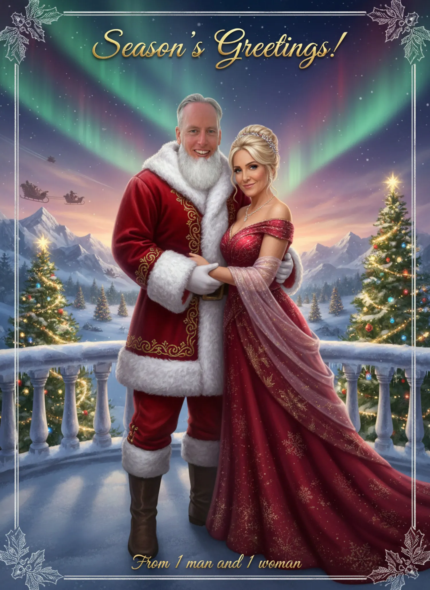 A couple as Santa and Mrs. Claus under the northern lights, on a Season's Greetings card